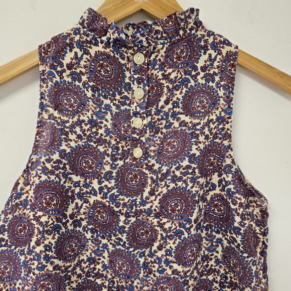 J. Crew Top Size S Fleur Sleeveless Paisley Floral Ruffle Neck Blouse Linen Prep - Picture 5 of 7